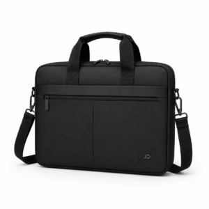 Urban Executive Pro black 15.6-inch laptop messenger bag with water-resistant fabric, padded laptop compartment, adjustable shoulder strap, top handles, and minimalist JD metal logo for office and business travel.