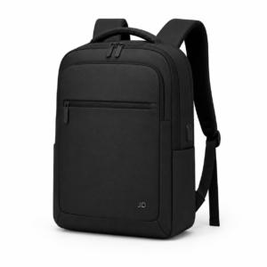 Urban Vertex Elite black 15.6-inch laptop backpack with water-resistant fabric, padded laptop compartment, front zipper pocket, ergonomic shoulder straps, and minimalist JD metal logo for office, college, and travel.